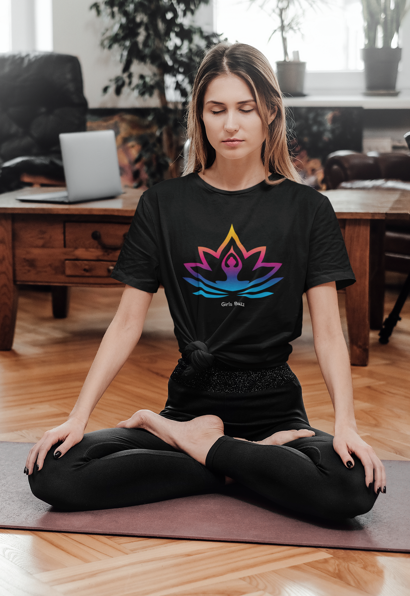 women's yoga print black tshirt