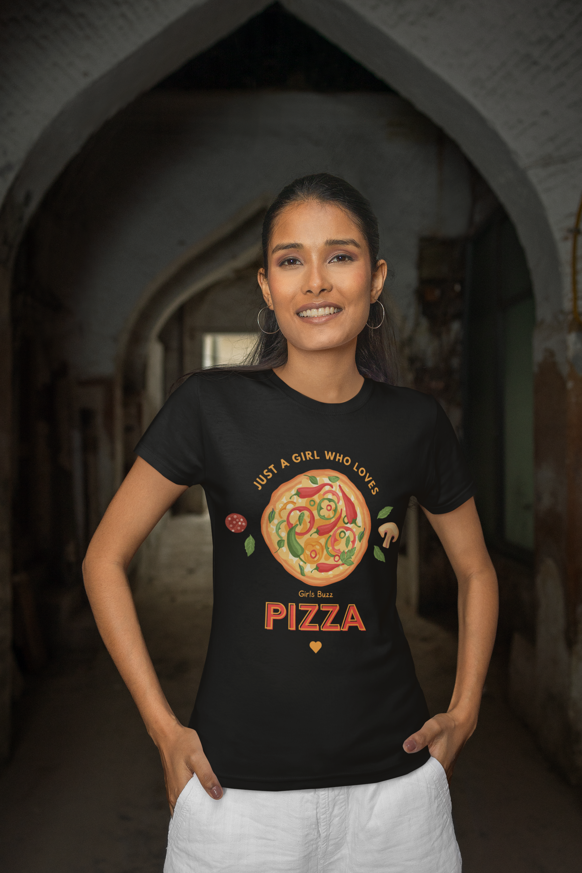 Regular Fit Foodie Women Cotton Tshirt - Pizza Lover  black