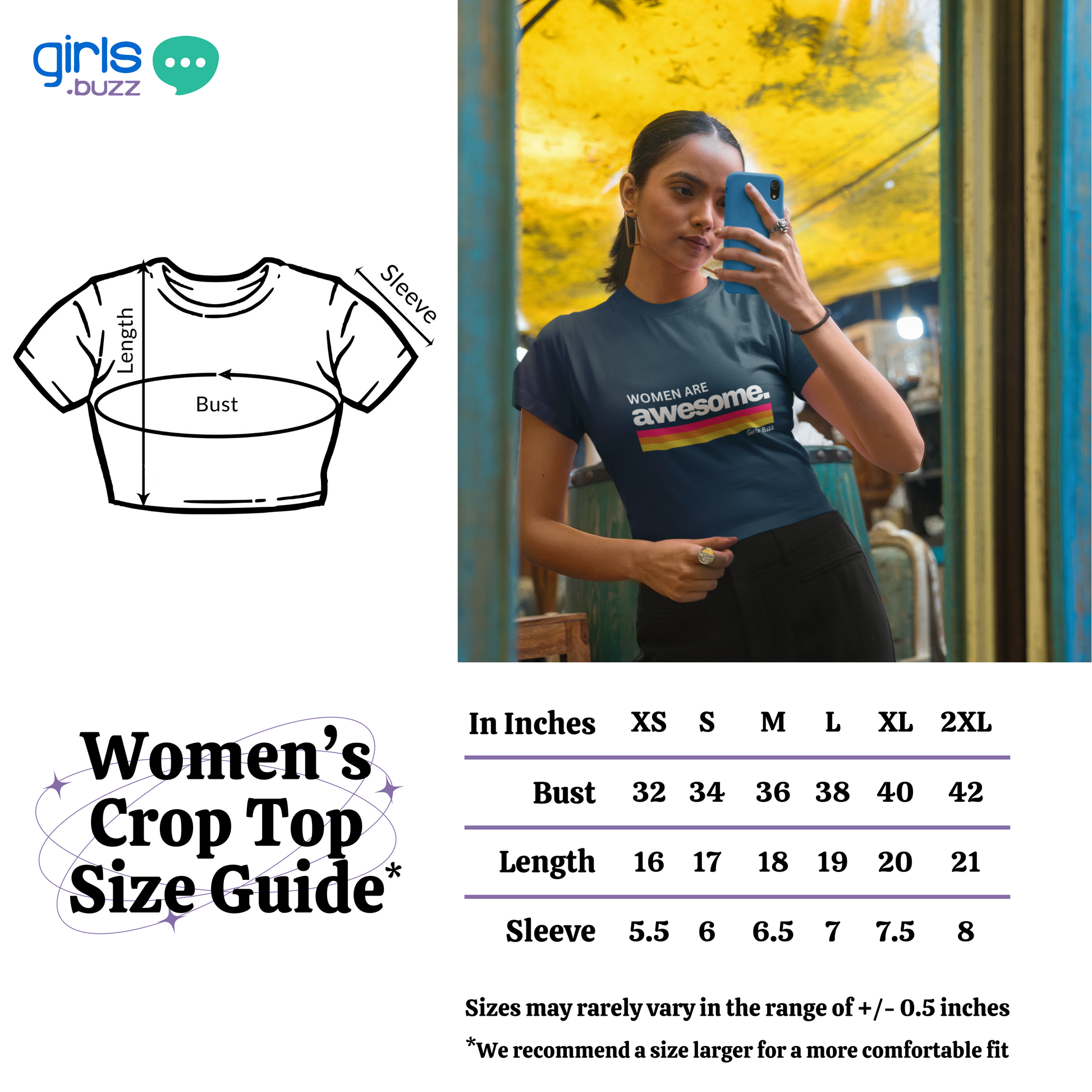 Regular Fit Blue Women Crop Top - Wow I Love Myself size guide