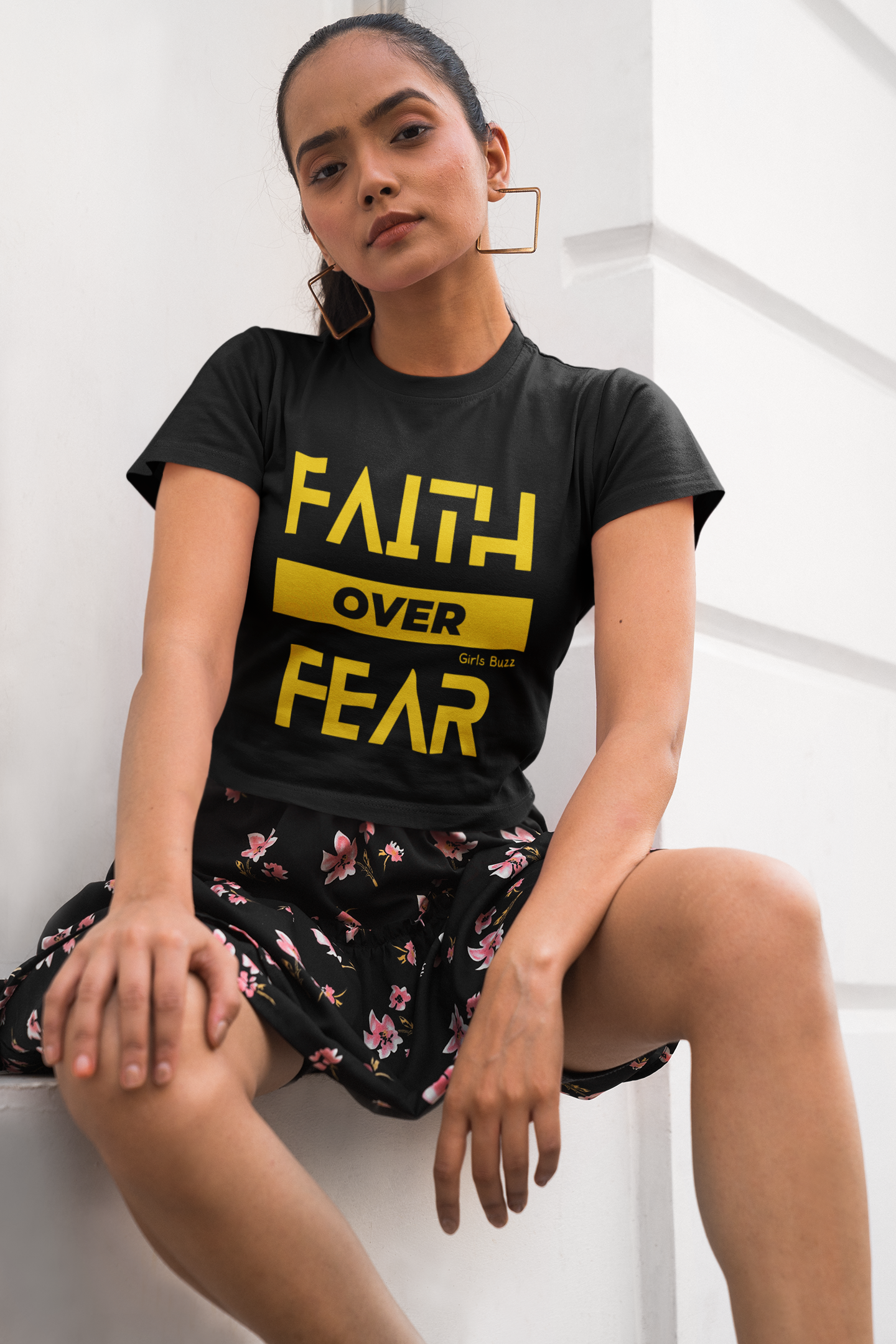 Regular Fit Affirmation Women Black Cotton Crop Top - Faith Over Fear 