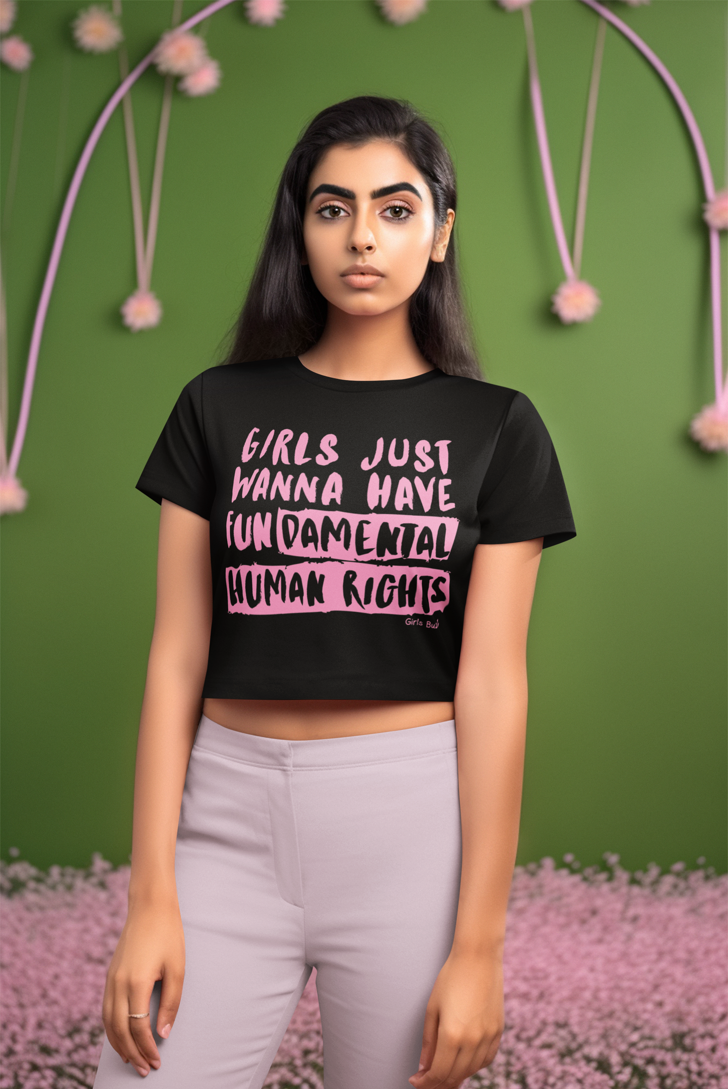 Regular Fit Feminist Slogan Black Women Cotton Crop Top - Girls Fundamental Human Rights