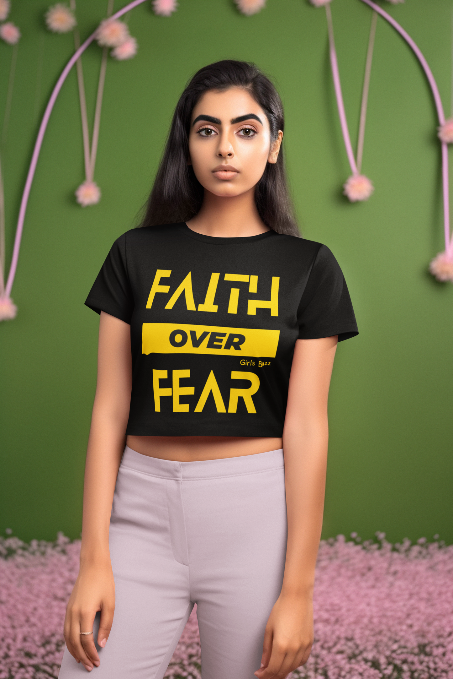 Regular Fit Affirmation Women Black Cotton Crop Top - Faith Over Fear 